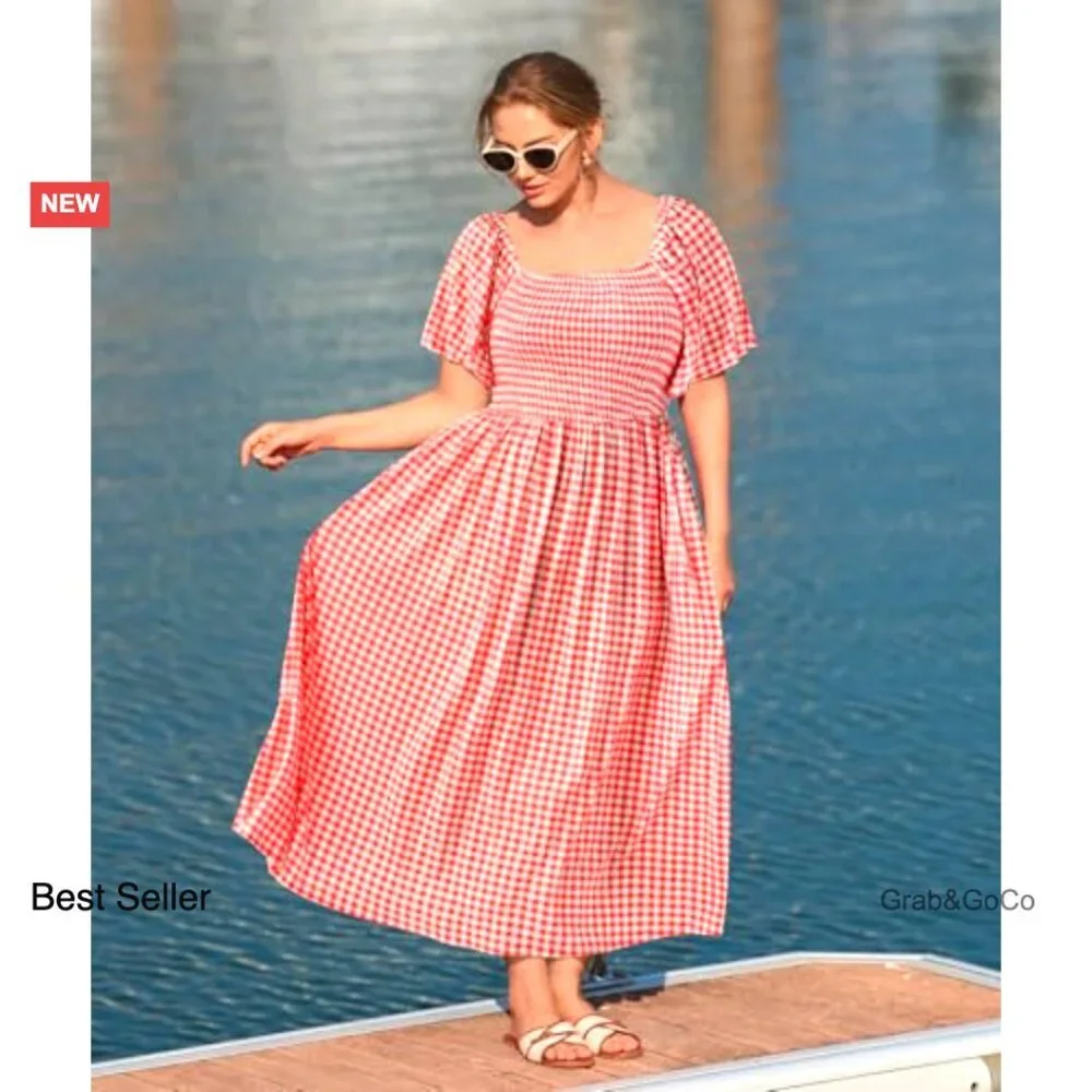 Plus Size Smocked Maxi Dress Square Neck Short Sleeve Floral Summer Casual